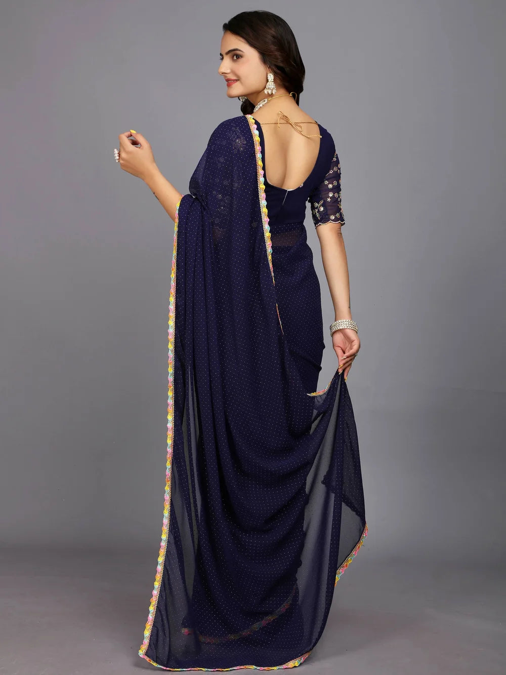 Dark Blue Bollywood Style Plain Georgette Saree