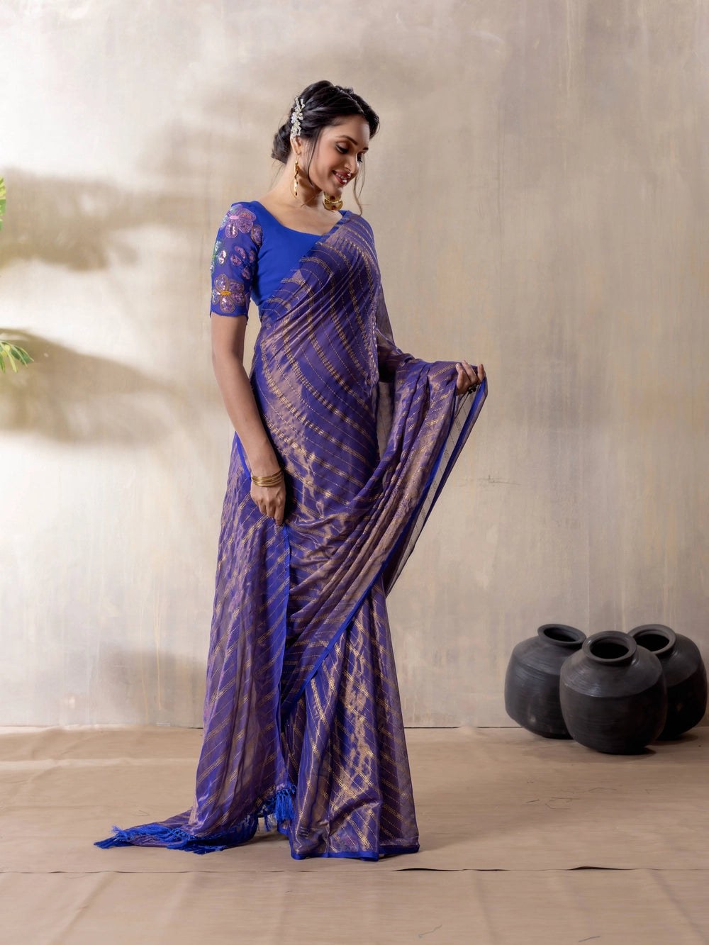 Blue Silk Blend Saree For Women