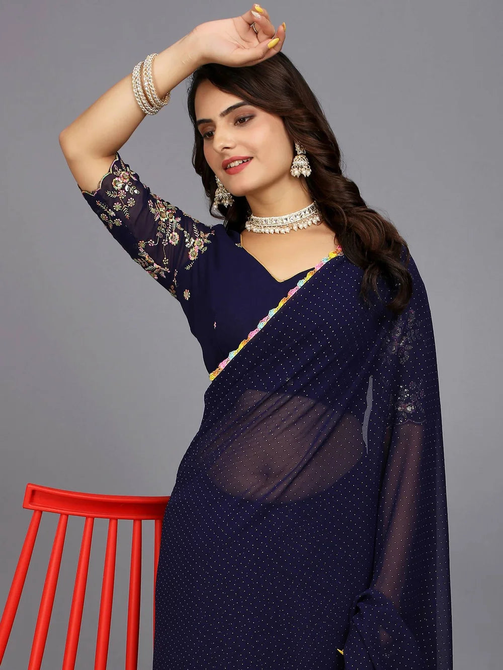 Dark Blue Bollywood Style Plain Georgette Saree