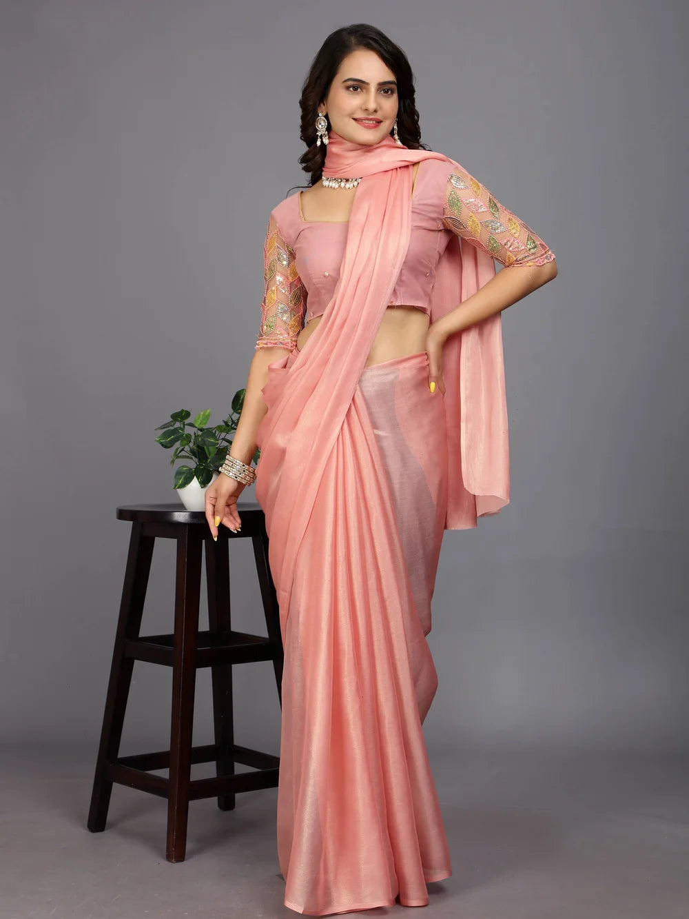 Peach Color Bollywood Solid Silk Blend Saree