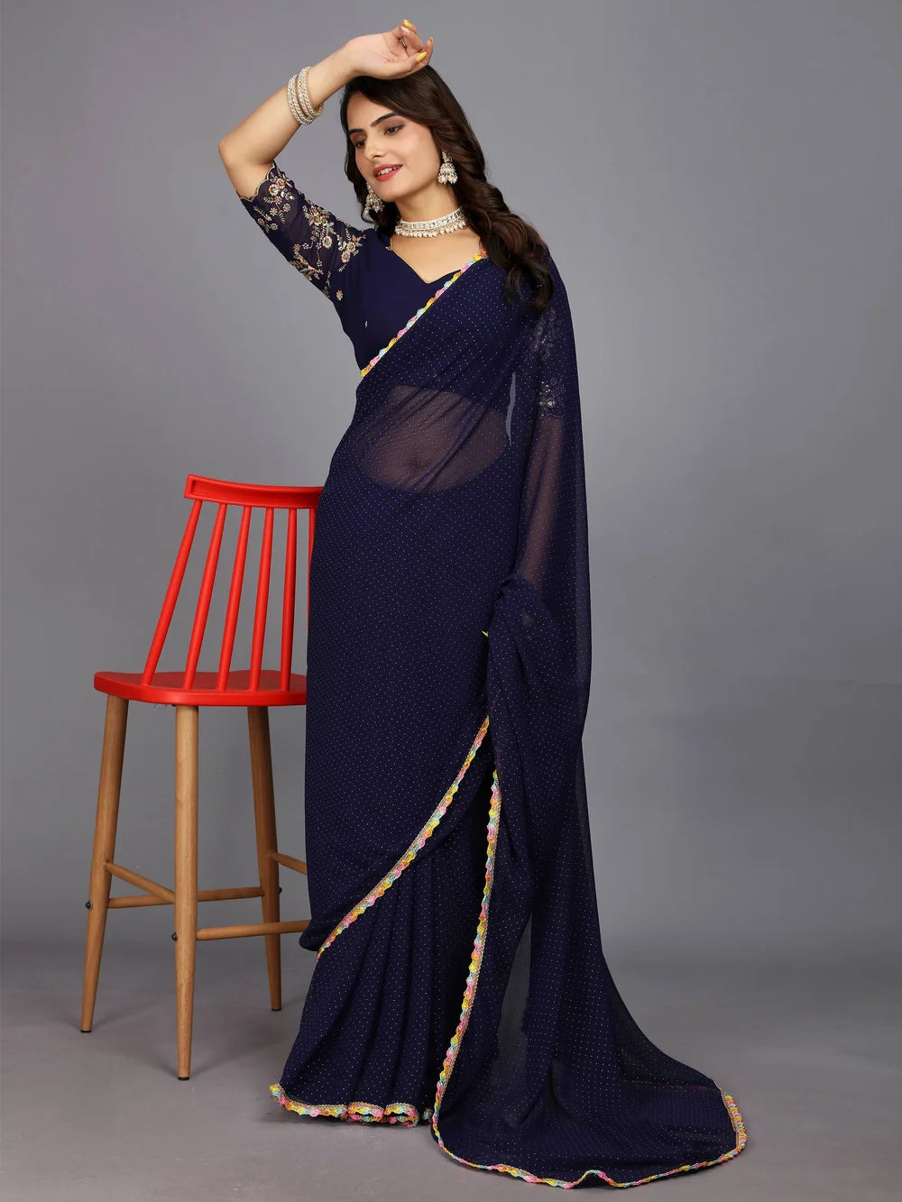 Dark Blue Bollywood Style Plain Georgette Saree