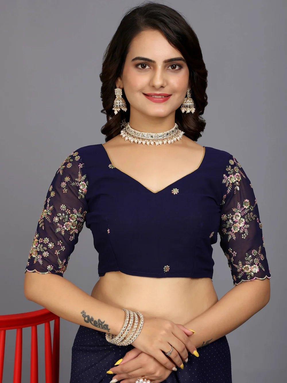 Dark Blue Bollywood Style Plain Georgette Saree