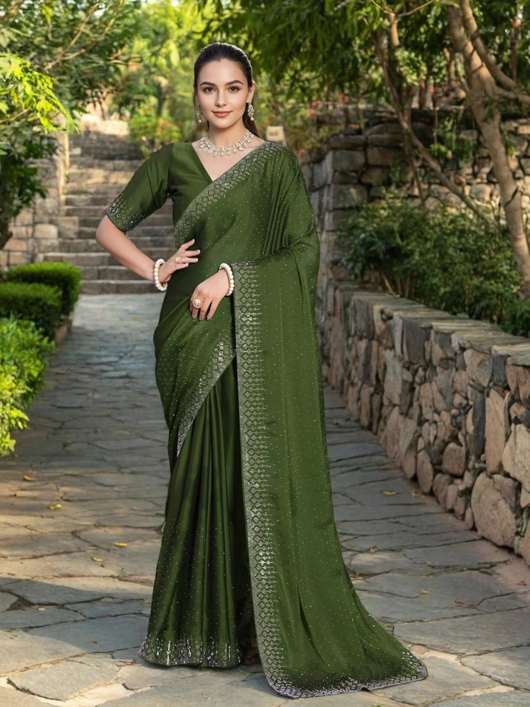 Olive Green With Crystal Embellishments Georgette Saree - Rheycart