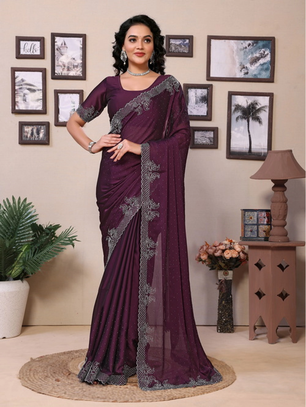 Wine Rangoli Silk Embellished Saree