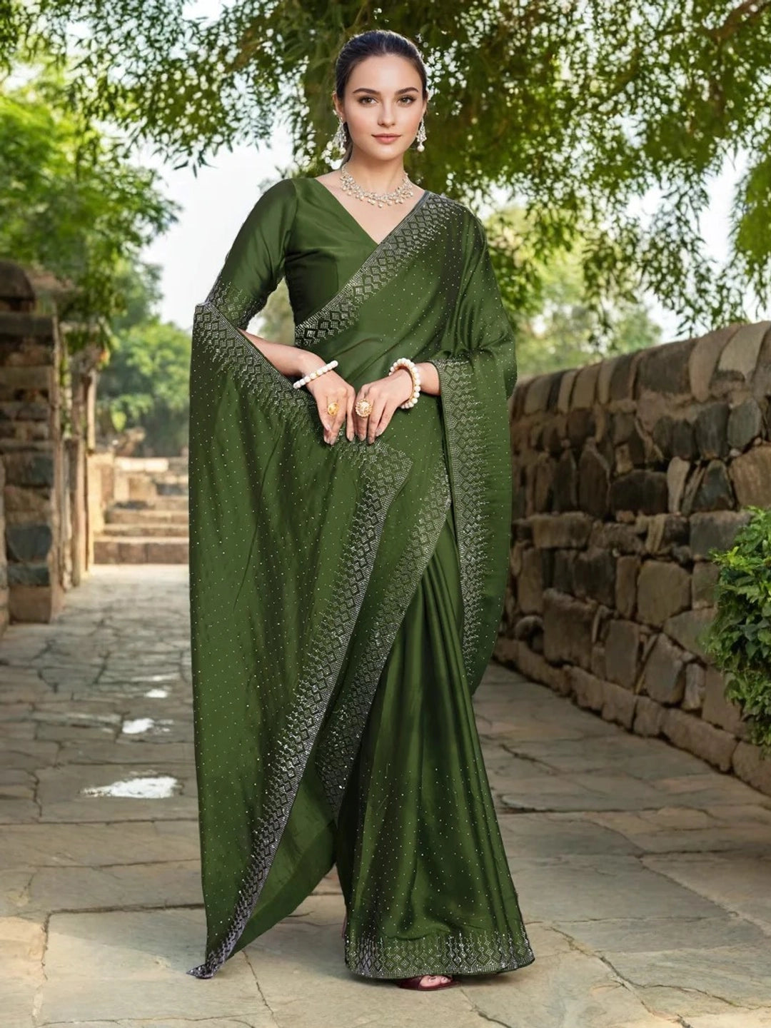 Olive Green With Crystal Embellishments Georgette Saree - Rheycart