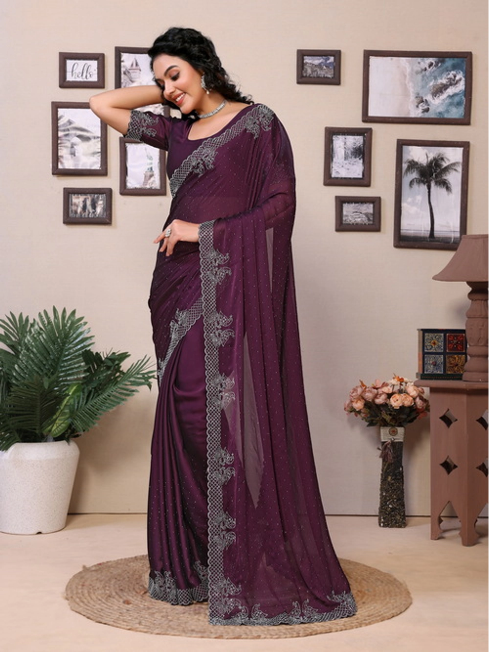 Wine Rangoli Silk Embellished Saree