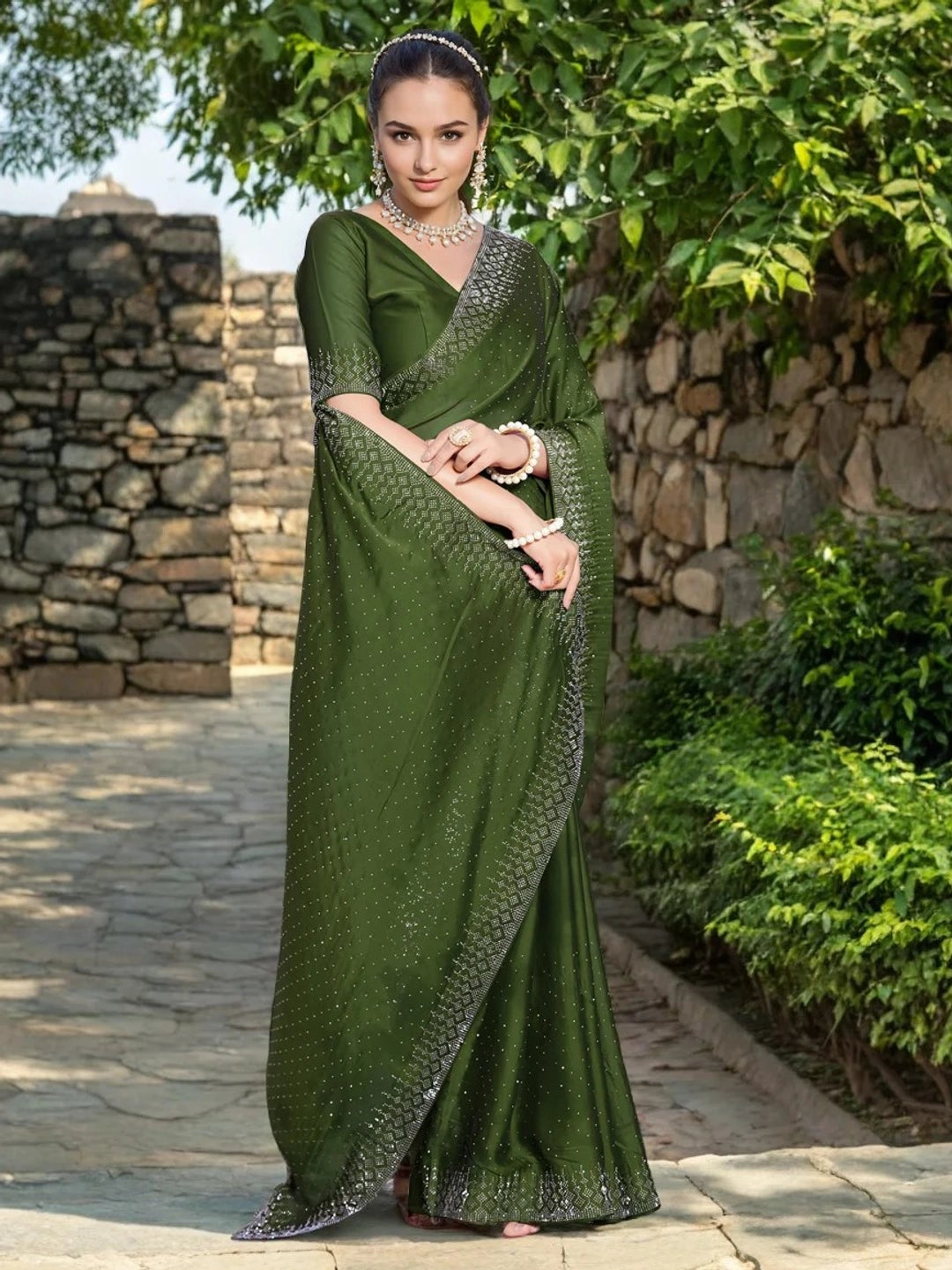 Olive Green With Crystal Embellishments Georgette Saree - Rheycart