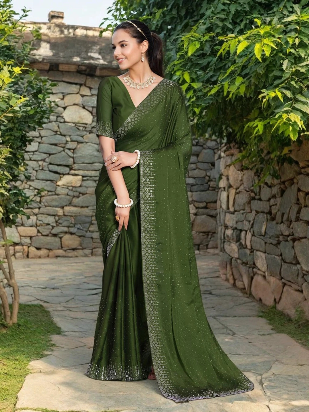 Olive Green With Crystal Embellishments Georgette Saree - Rheycart