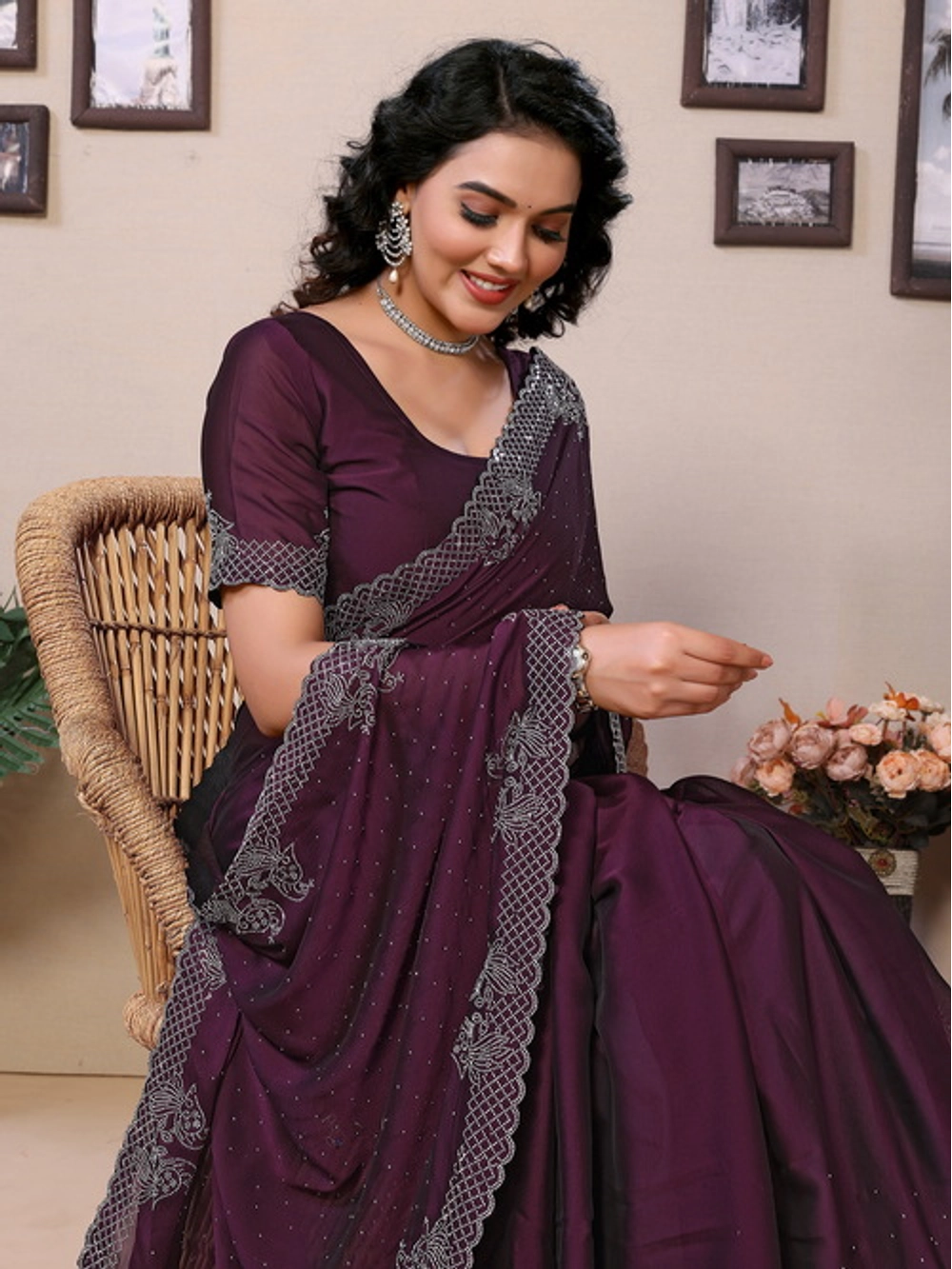 Wine Rangoli Silk Embellished Saree