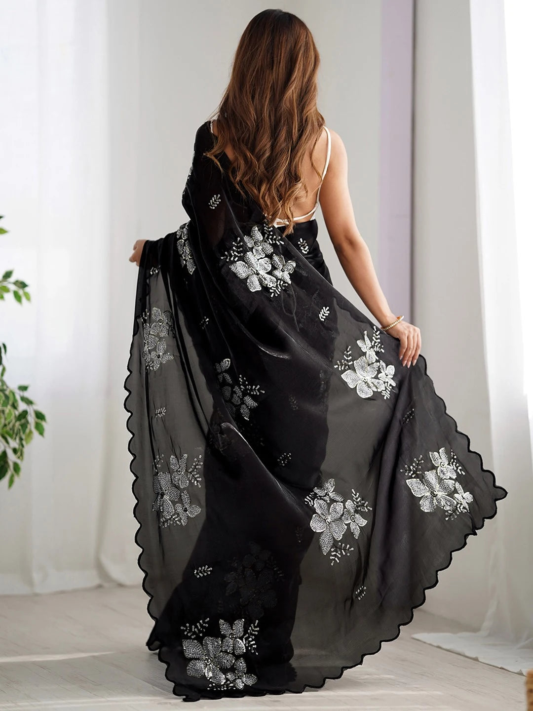 Jimmy Choo Bollywood Style Sequence Black Chiffon Saree - Rheycart