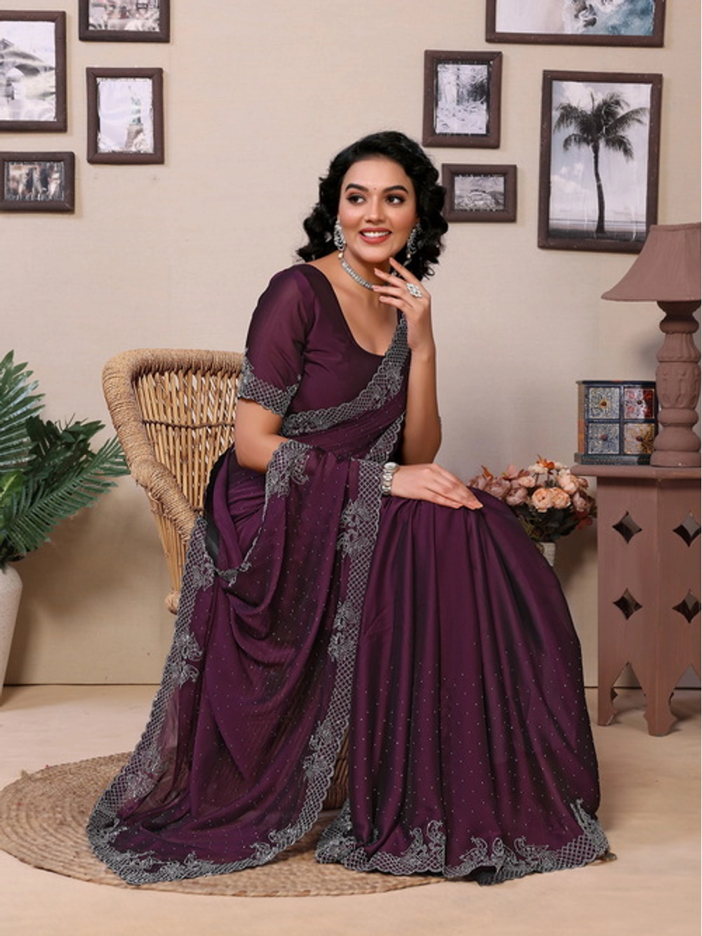 Wine Rangoli Silk Embellished Saree