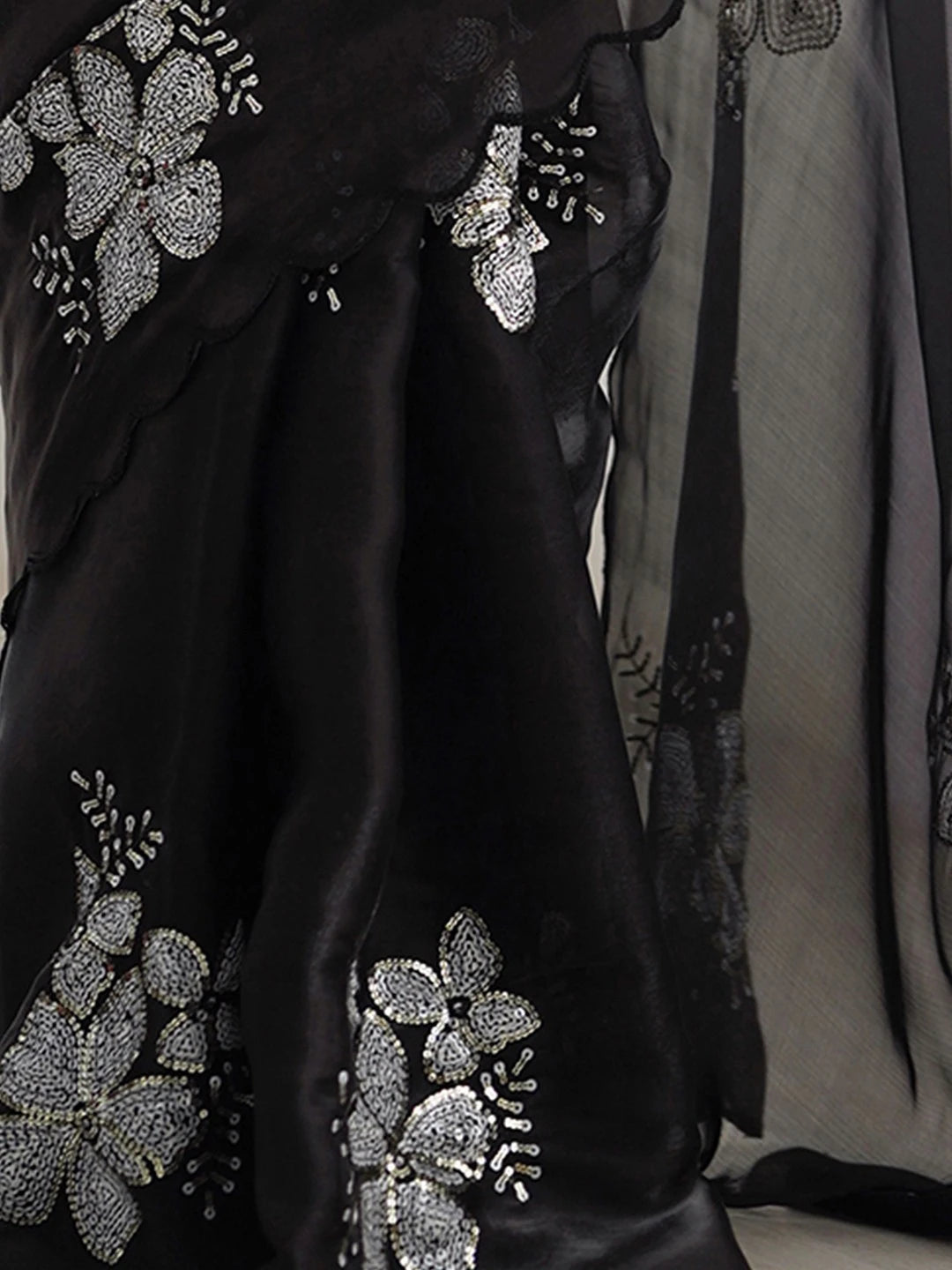 Jimmy Choo Bollywood Style Sequence Black Chiffon Saree - Rheycart