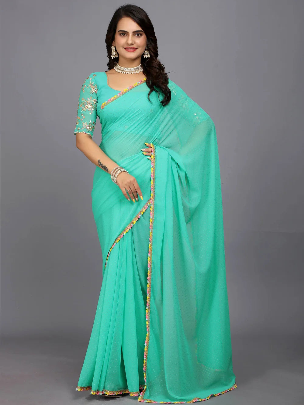 Turquoise Bollywood Style Plain Georgette Saree