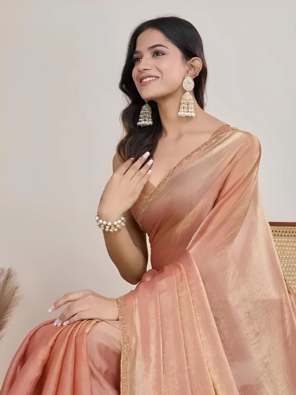 Fendy Soft Chiffon Cream Color Party Wear Saree
