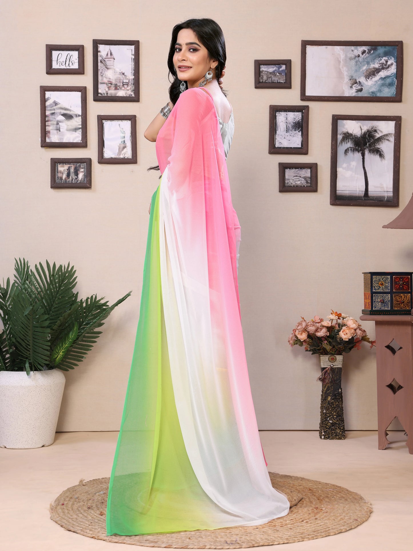 Lightweight multicolor printed saree with pre-stitched pleats