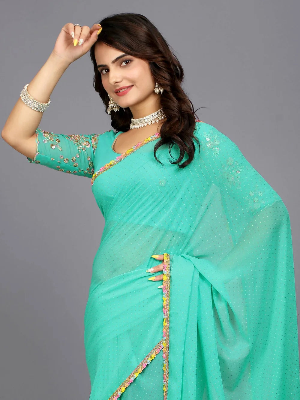 Turquoise Bollywood Style Plain Georgette Saree