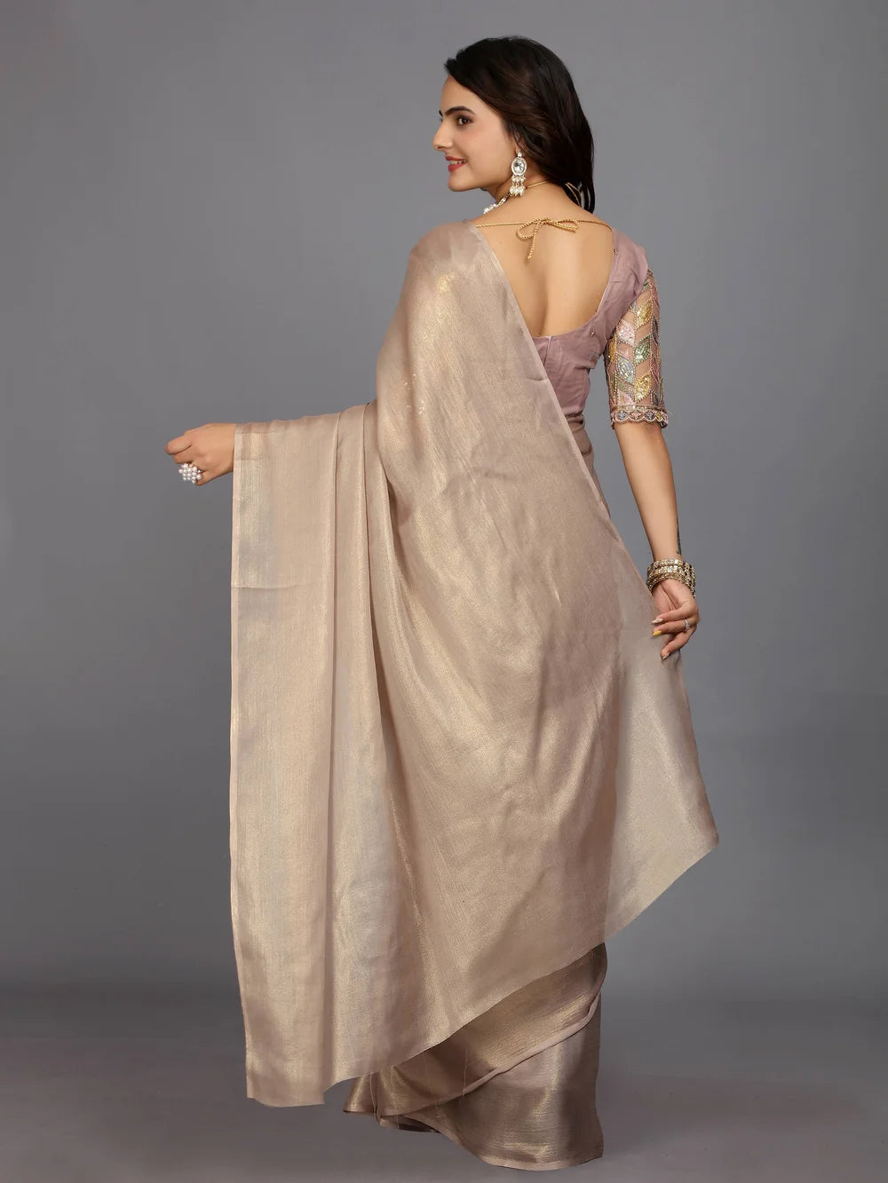 Beige Bollywood Style Plain Silk Blend Saree