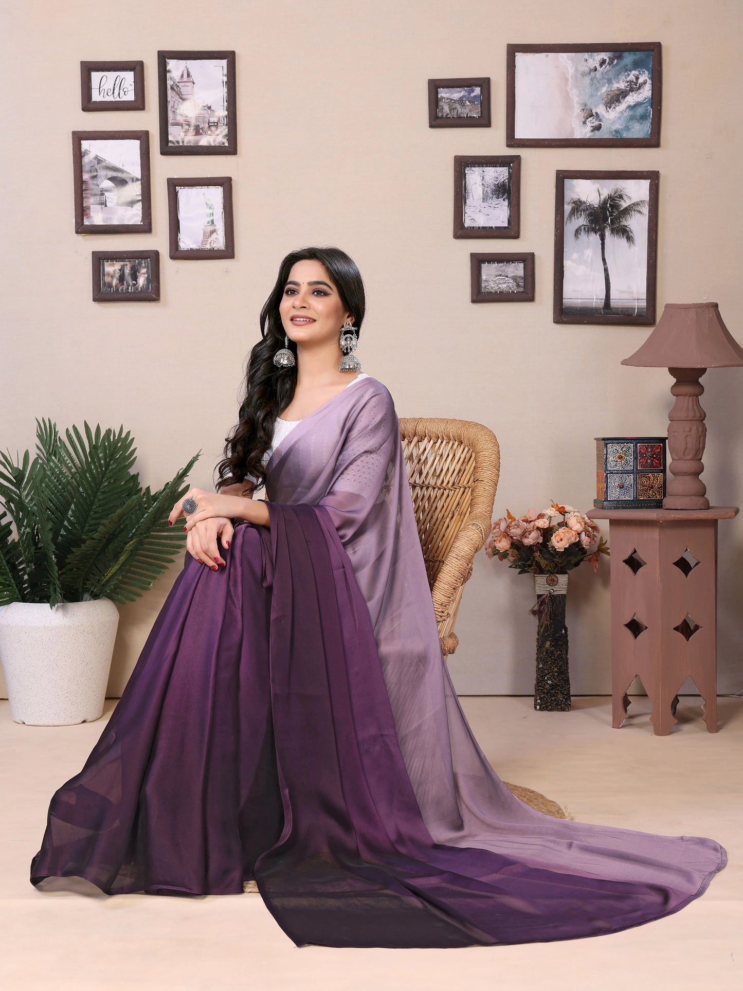 Elegant Partywear Draped Purple Satin Saree - Rheycart