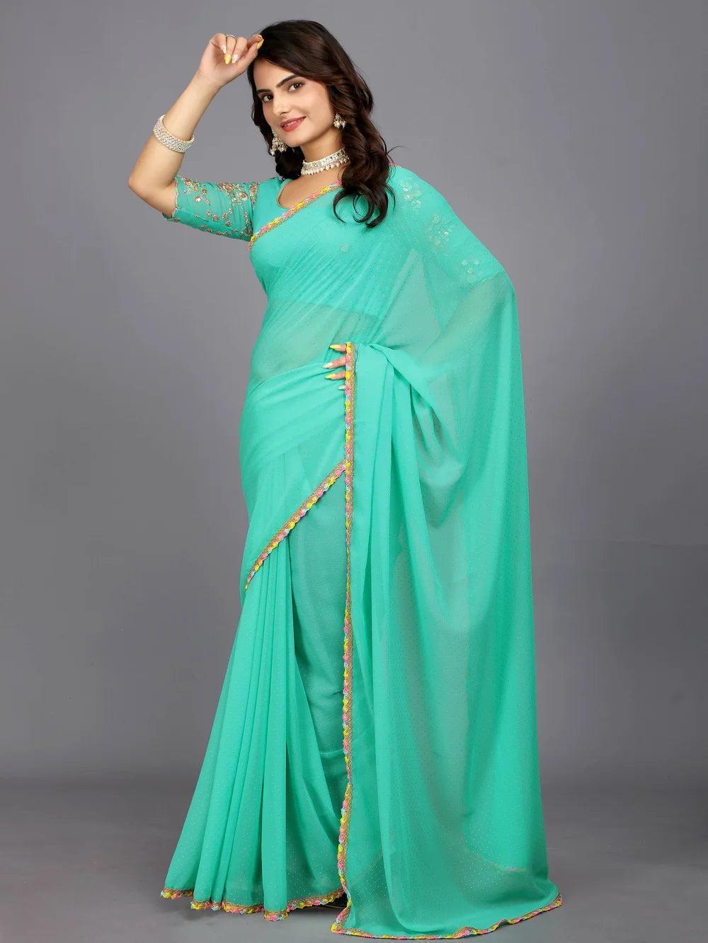 Turquoise Bollywood Style Plain Georgette Saree