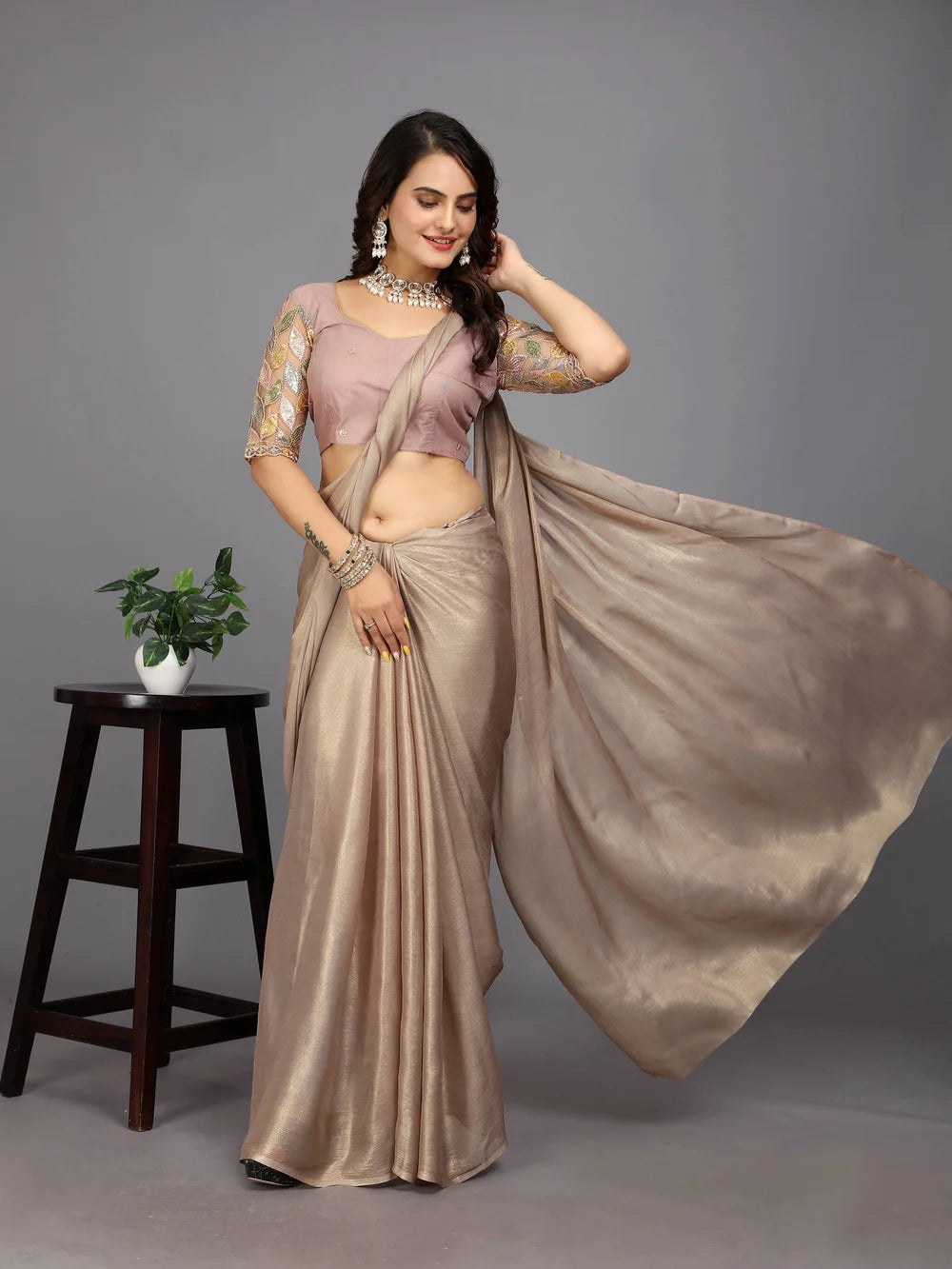 Beige Bollywood Style Plain Silk Blend Saree