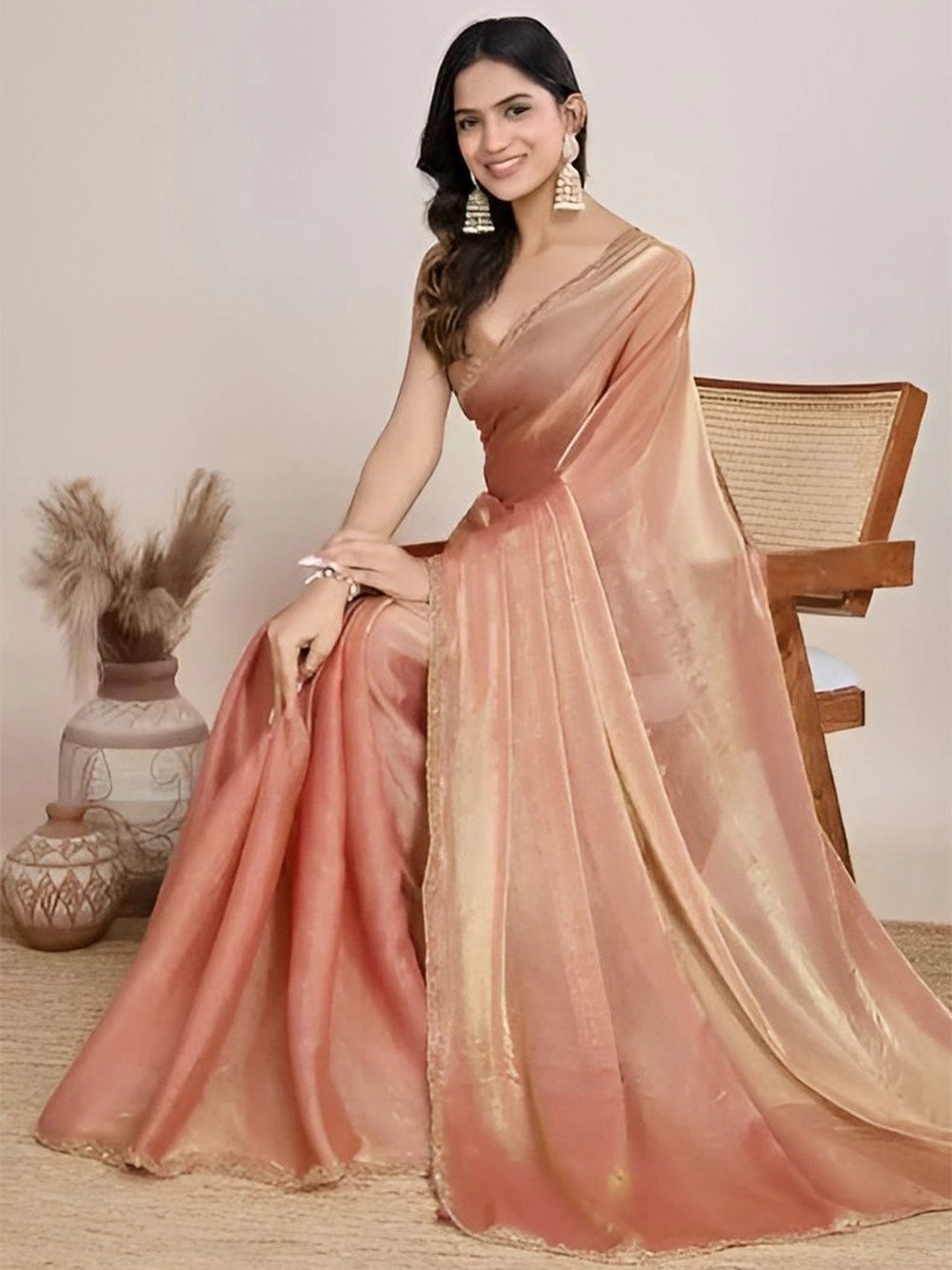 Fendy Soft Chiffon Cream Color Party Wear Saree
