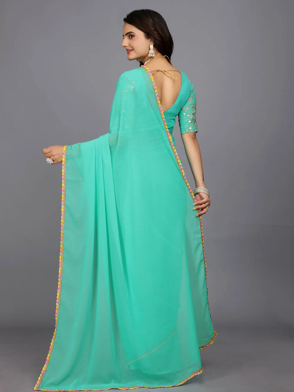 Turquoise Bollywood Style Plain Georgette Saree