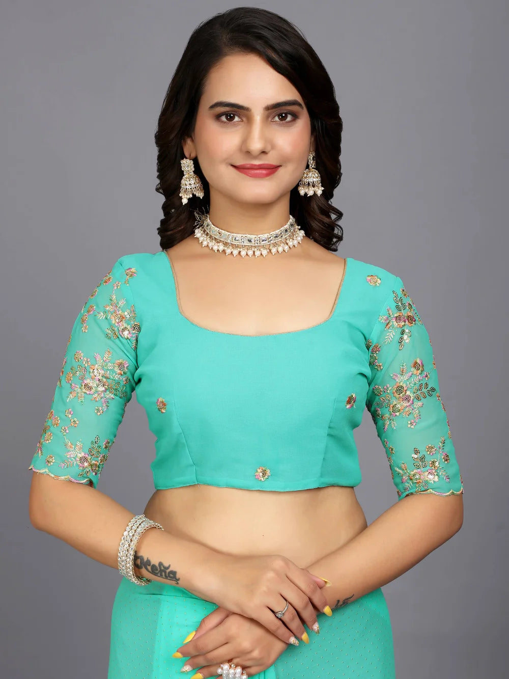 Turquoise Bollywood Style Plain Georgette Saree