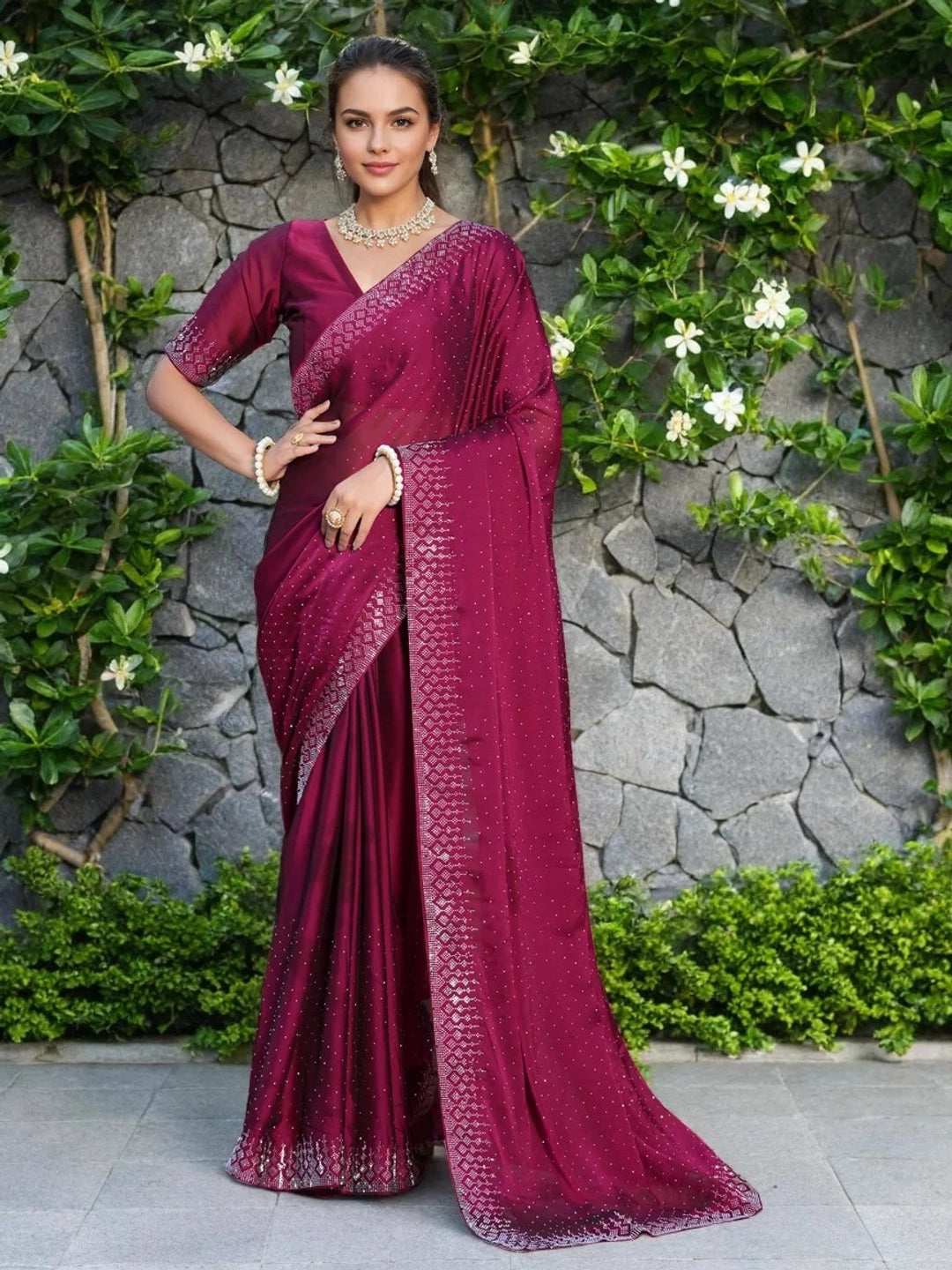 Swarovski Work Maroon Georgette Saree - Rheycart