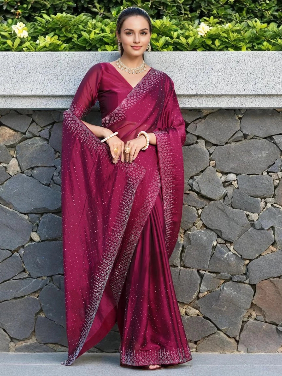 Swarovski Work Maroon Georgette Saree - Rheycart