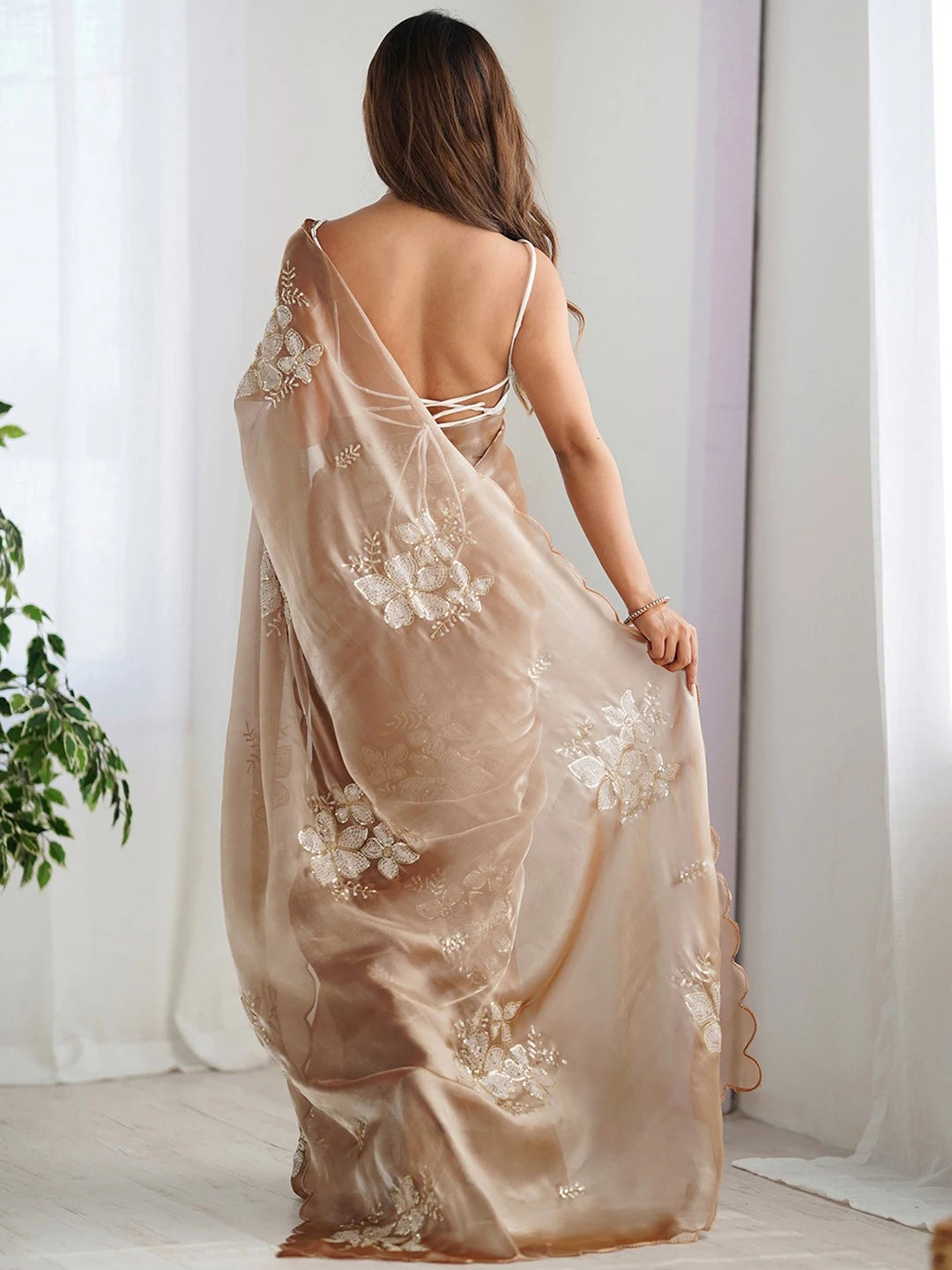 Embellished Jimmy Choo Embroidered Beige Chiffon Saree - Rheycart
