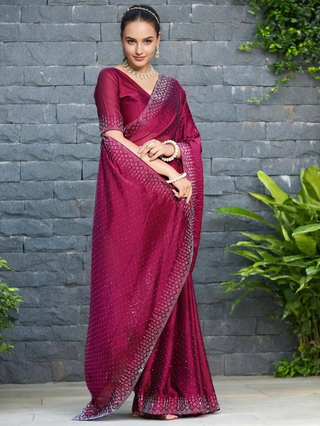 Swarovski Work Maroon Georgette Saree - Rheycart