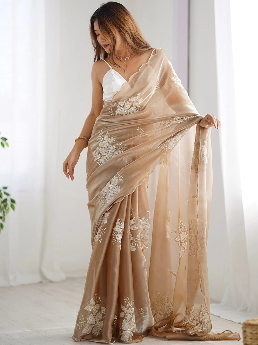 Embellished Jimmy Choo Embroidered Beige Chiffon Saree - Rheycart