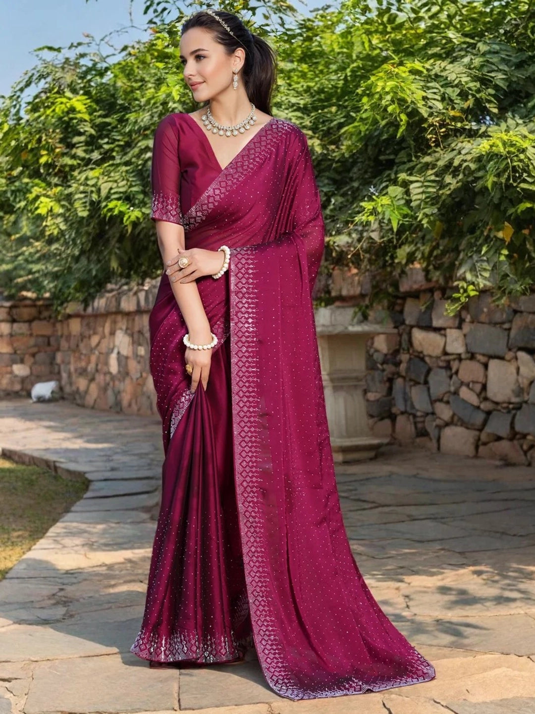 Swarovski Work Maroon Georgette Saree - Rheycart