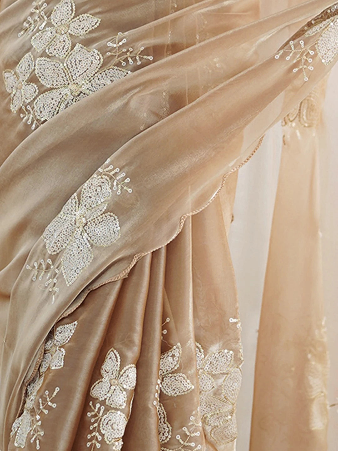 Embellished Jimmy Choo Embroidered Beige Chiffon Saree - Rheycart