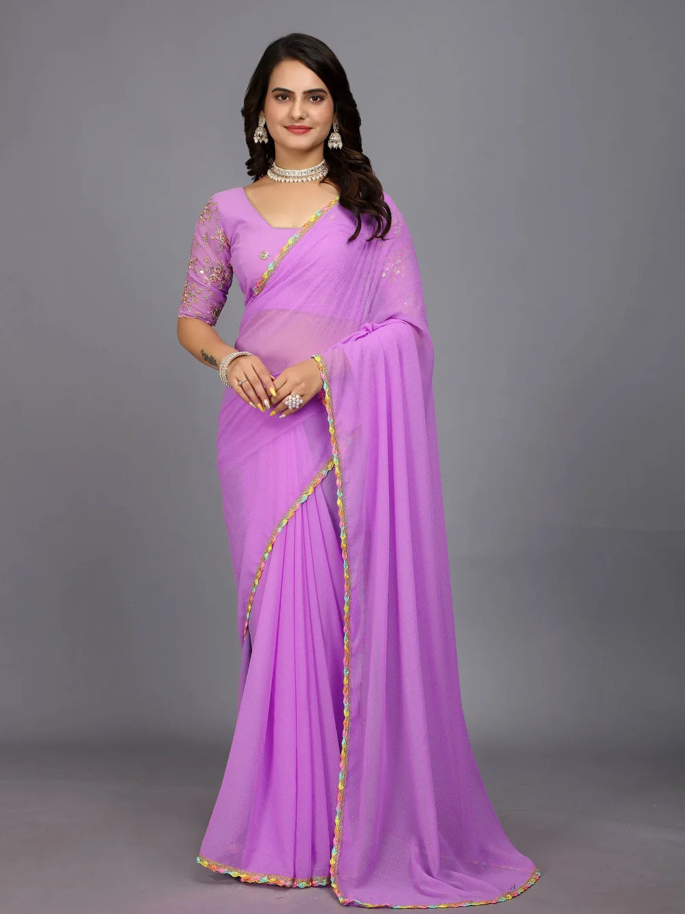 Light Purple Plain Georgette Bollywood Saree