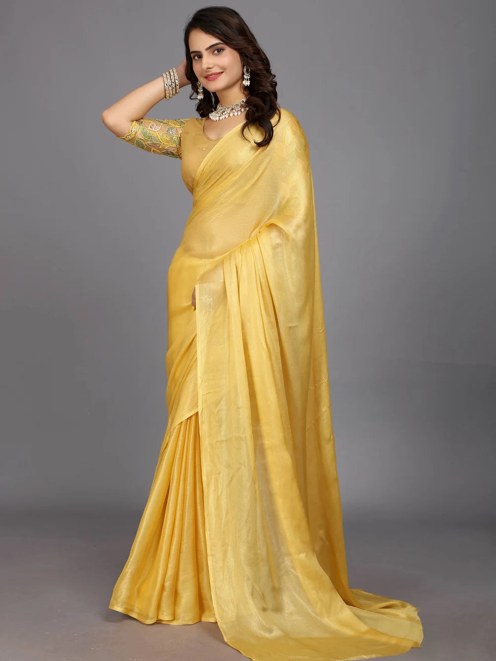 Yellow Silk Blend Bollywood Style Plain Saree