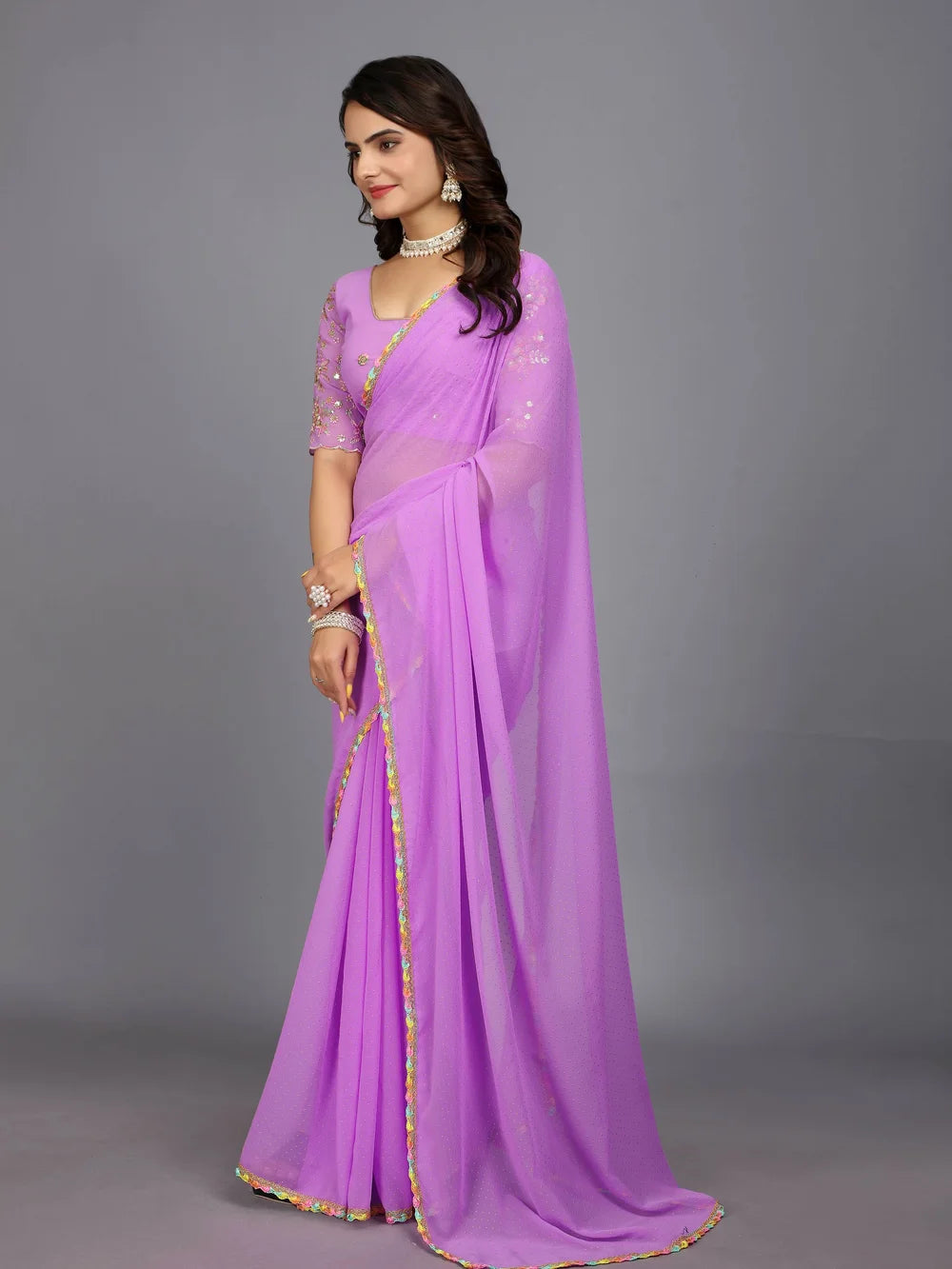 Light Purple Plain Georgette Bollywood Saree