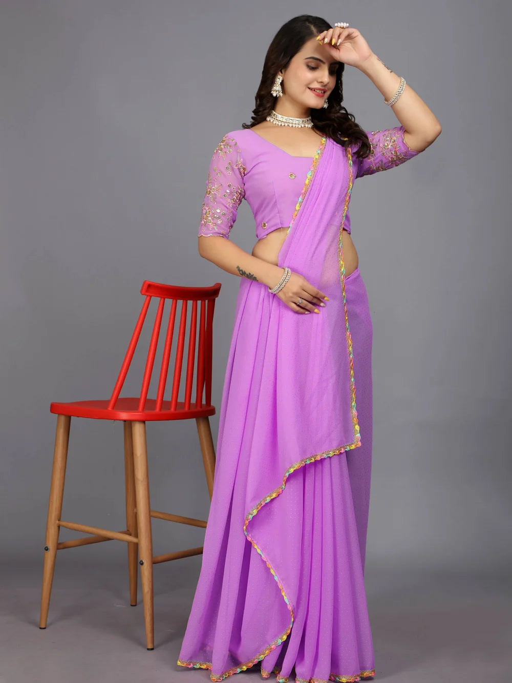 Light Purple Plain Georgette Bollywood Saree