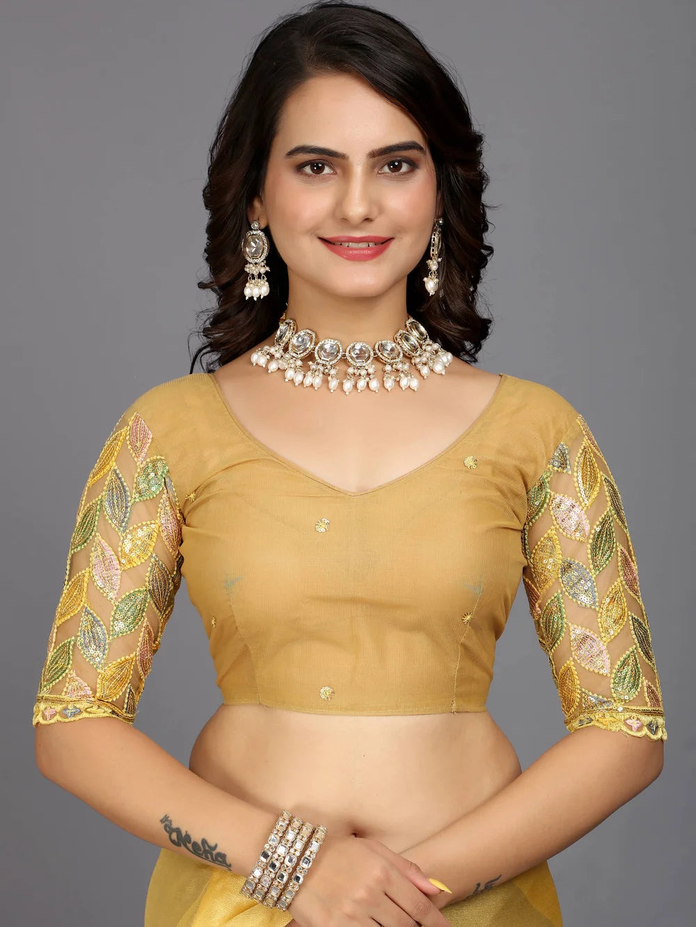 Yellow Silk Blend Bollywood Style Plain Saree