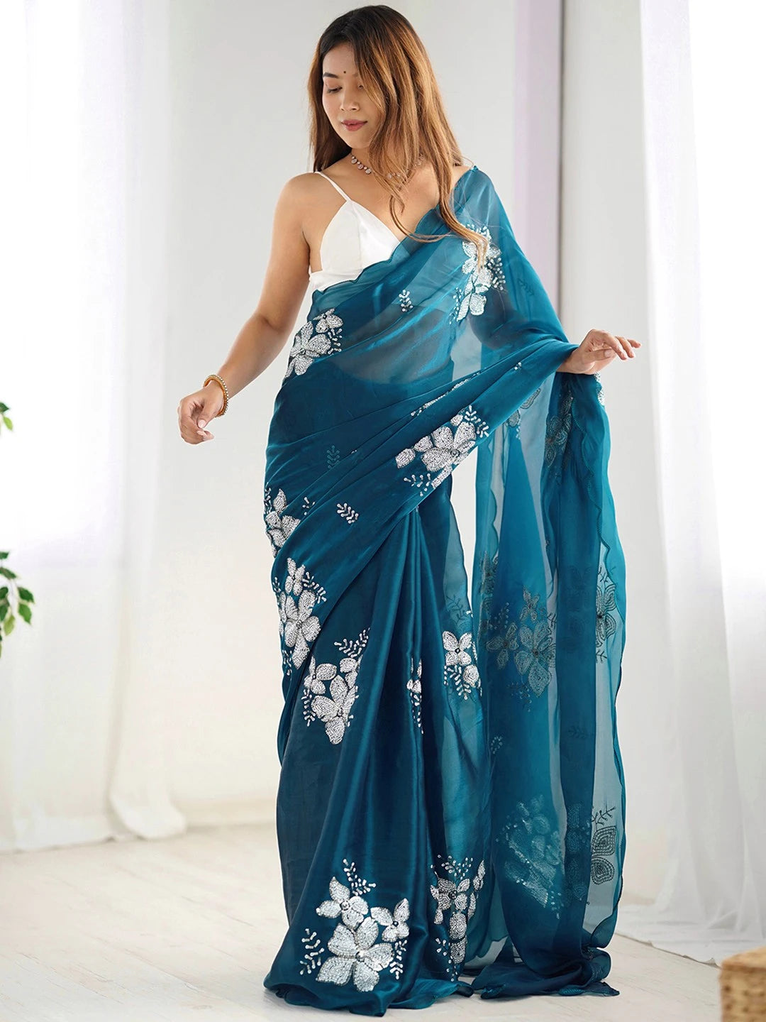 Teal Blue Jimmy Choo Embroidered Chiffon Saree - Rheycart