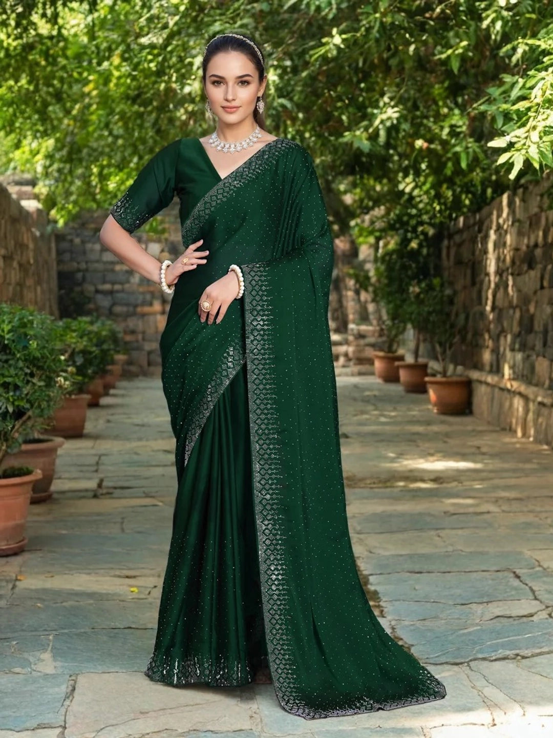 Green Georgette With Swarovski Work Saree - Rheycart