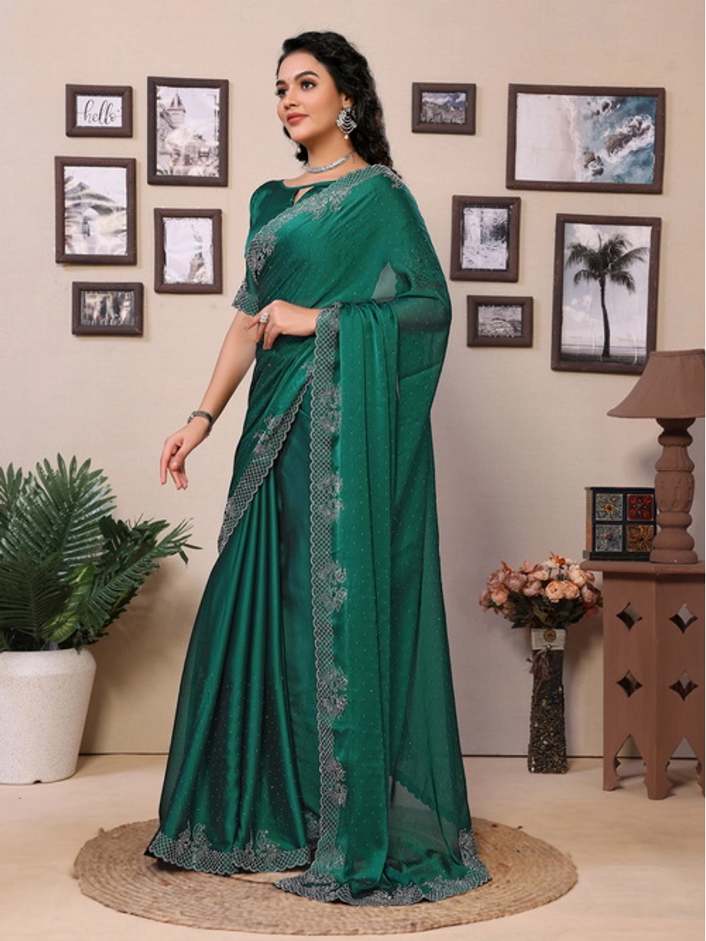 Rangoli Silk Green Saree With Diamond Work