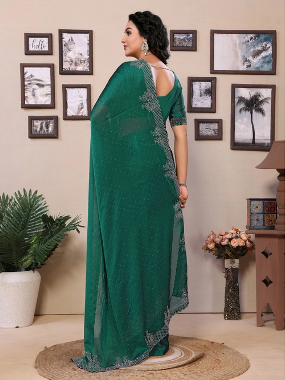 Rangoli Silk Green Saree With Diamond Work