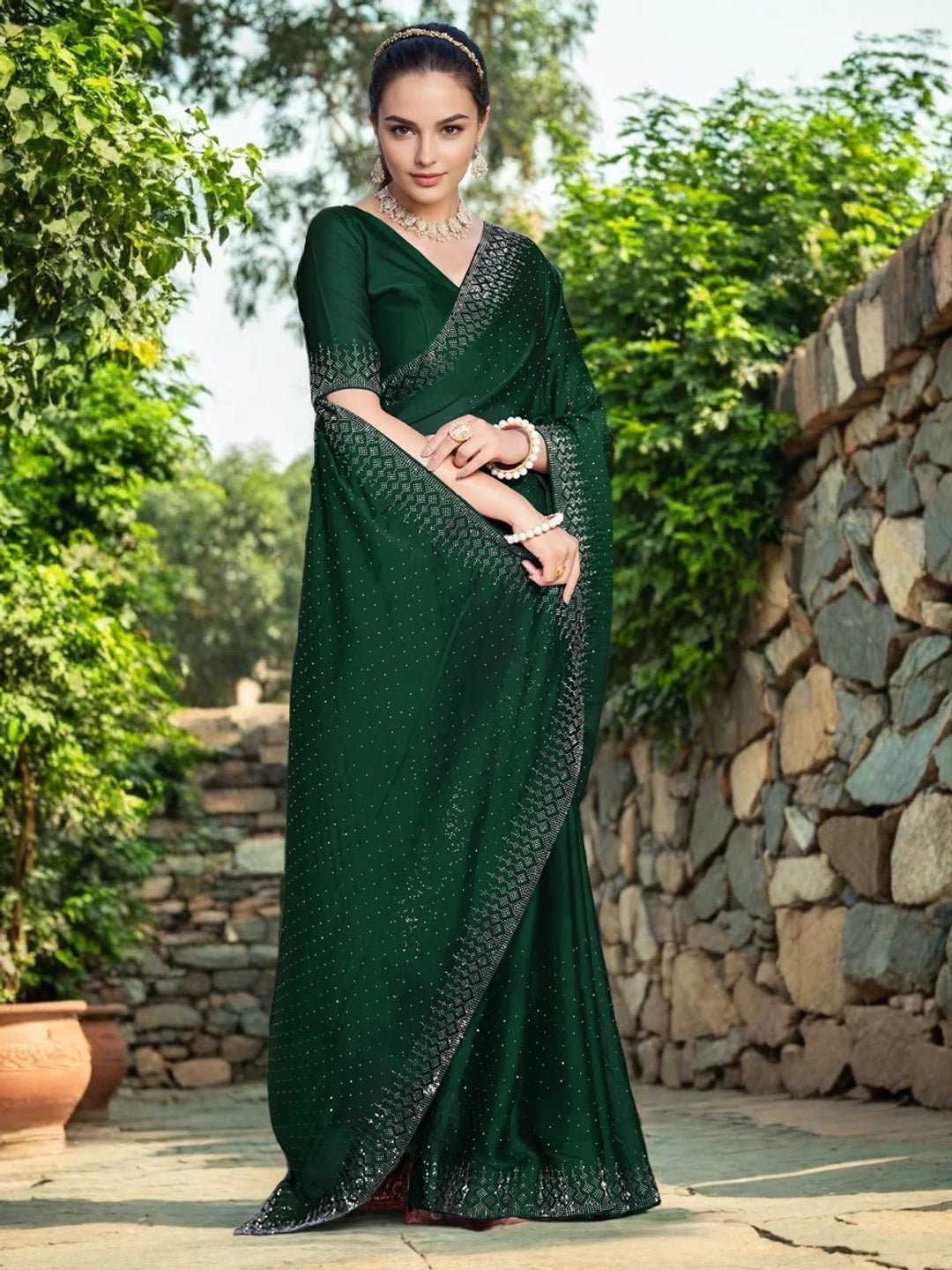 Green Georgette With Swarovski Work Saree - Rheycart