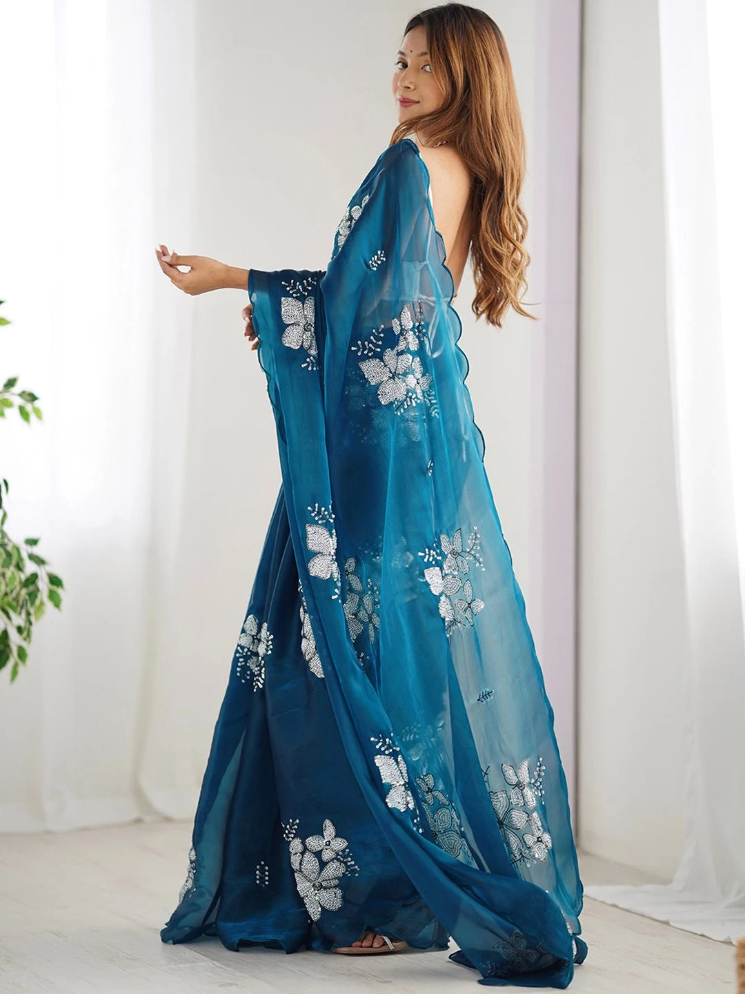 Teal Blue Jimmy Choo Embroidered Chiffon Saree - Rheycart