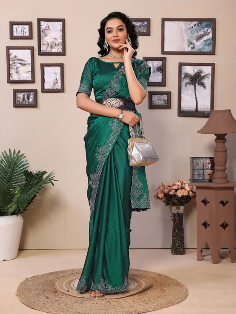Rangoli Silk Green Saree With Diamond Work