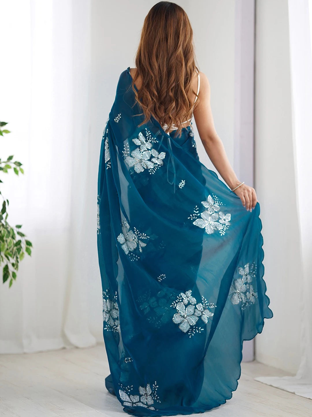Teal Blue Jimmy Choo Embroidered Chiffon Saree - Rheycart