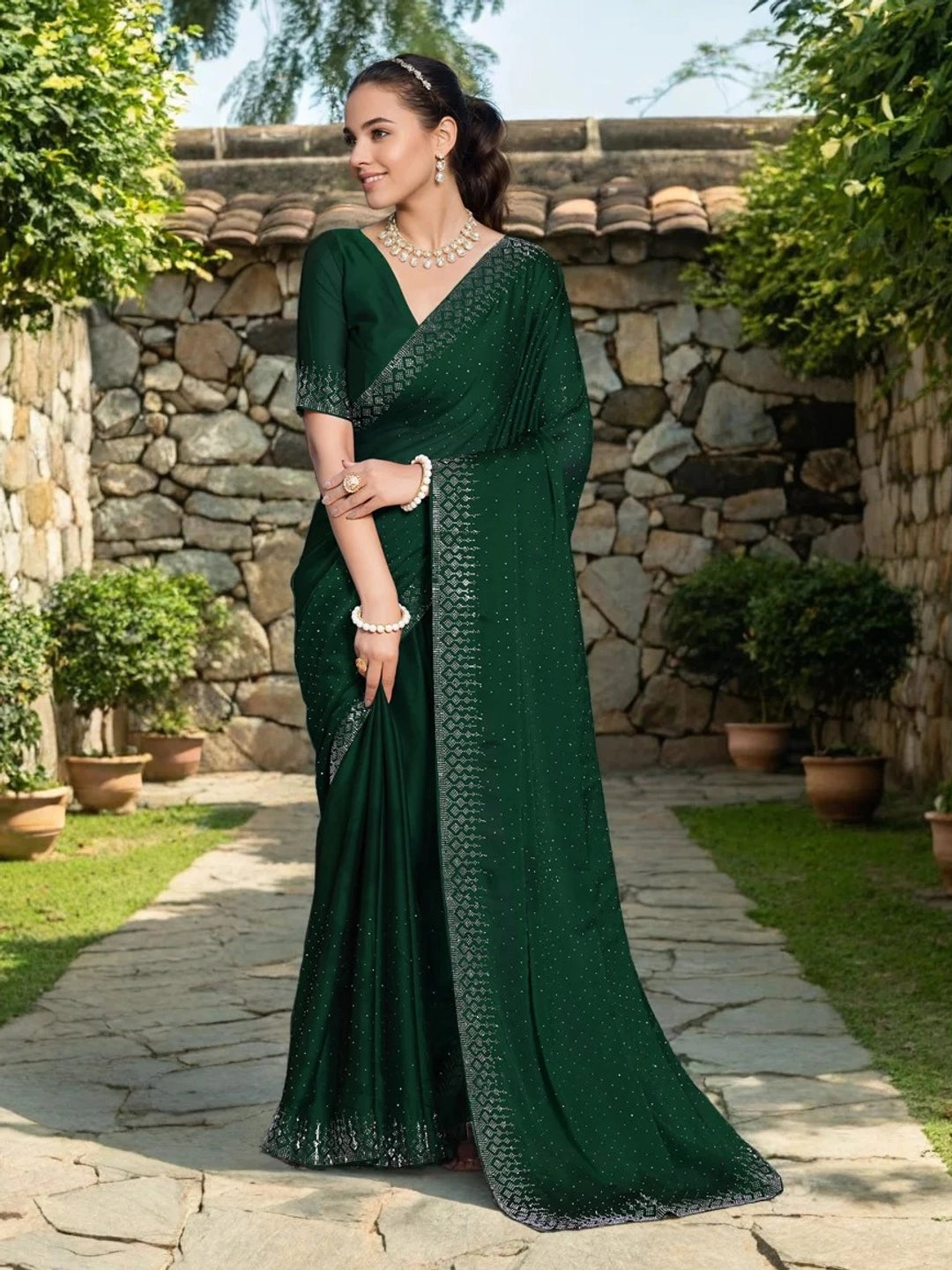Green Georgette With Swarovski Work Saree - Rheycart