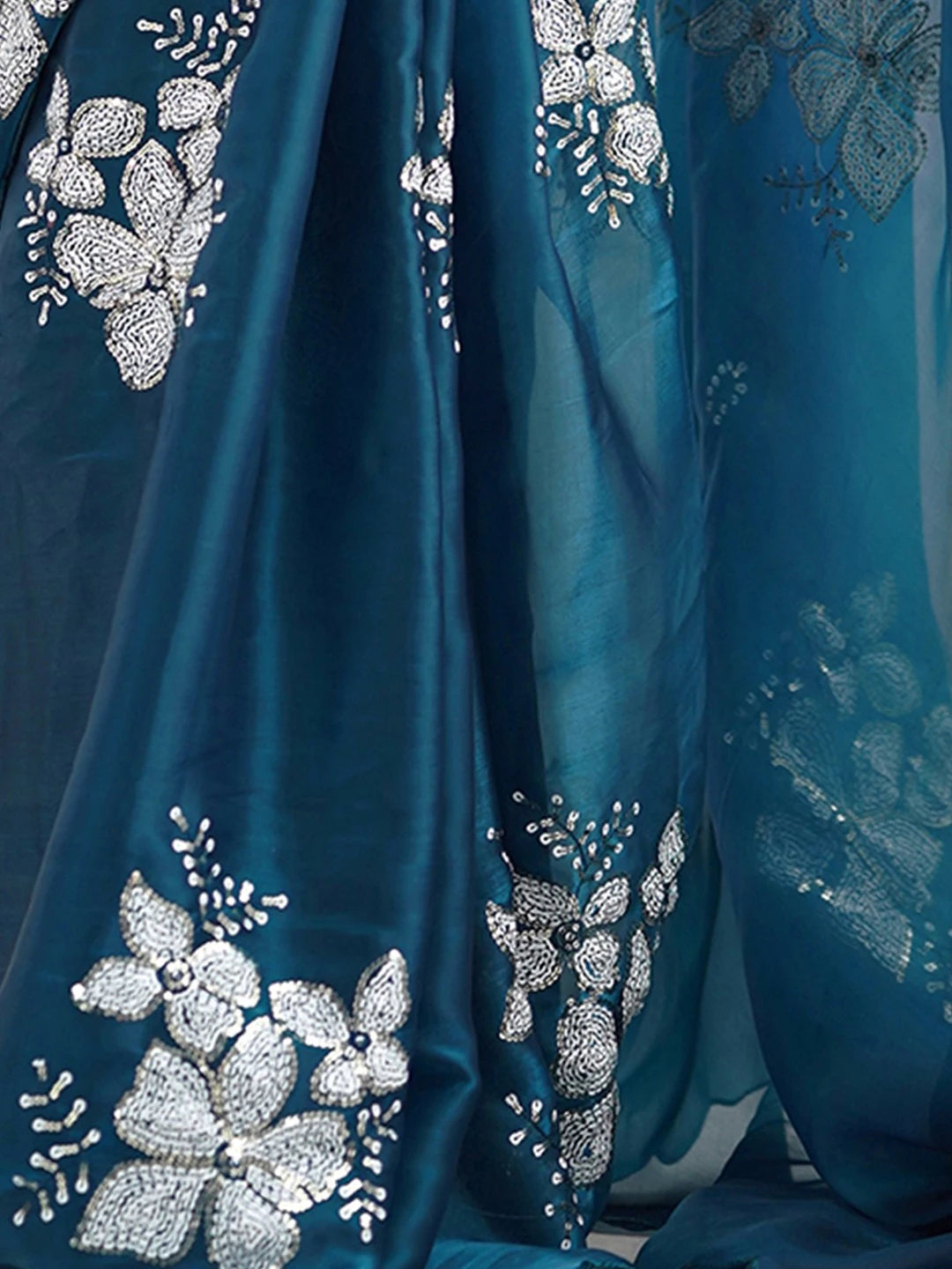Teal Blue Jimmy Choo Embroidered Chiffon Saree - Rheycart