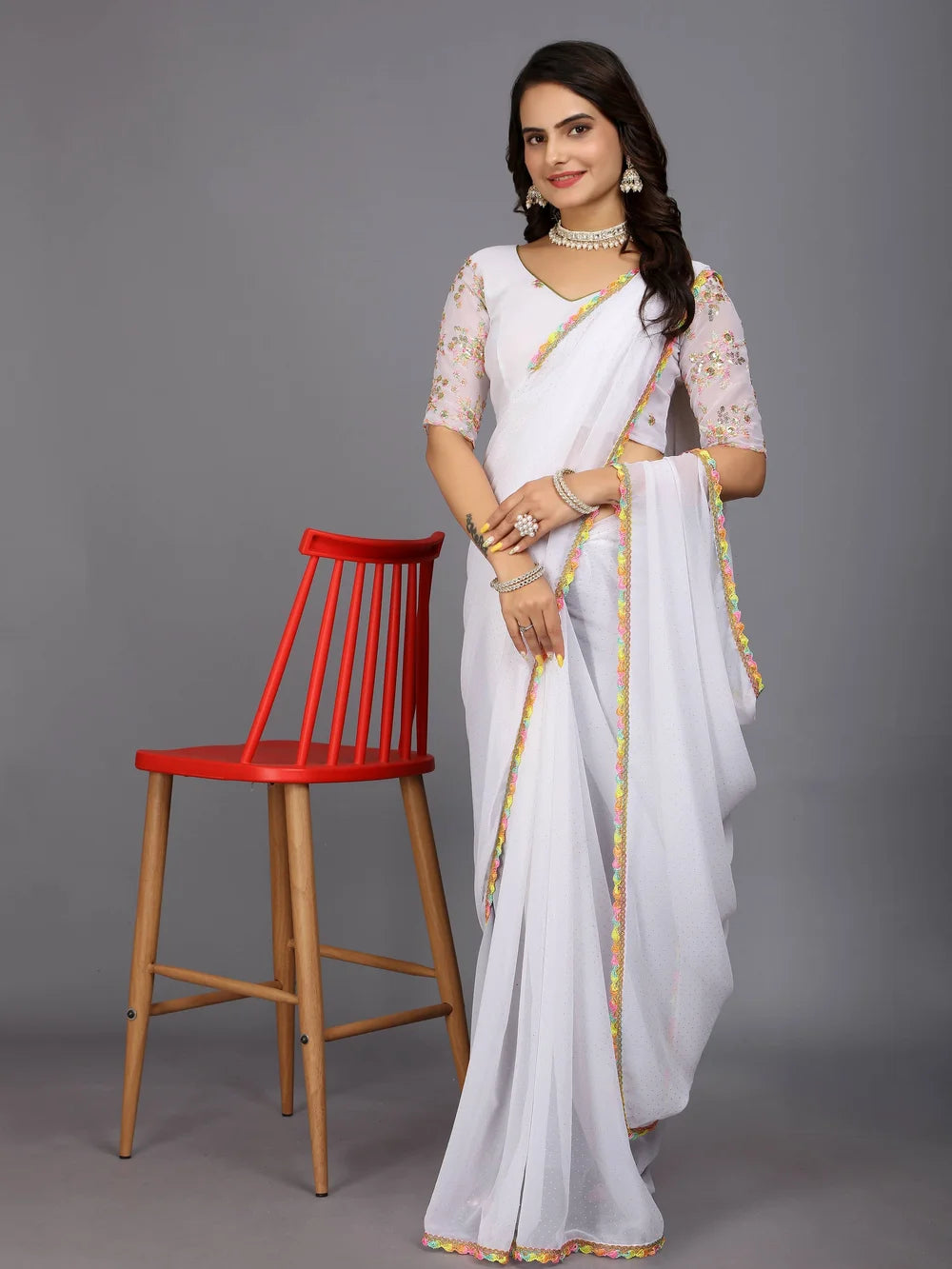 White Plain Georgette Bollywood Saree